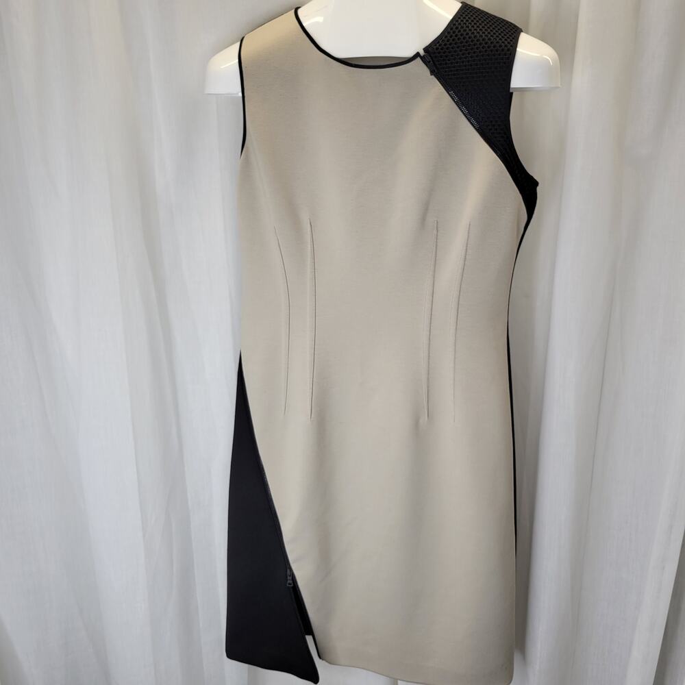 Tahari Black Tan Asymmetrical Sheath Office Dress with Zipper Accents, 8